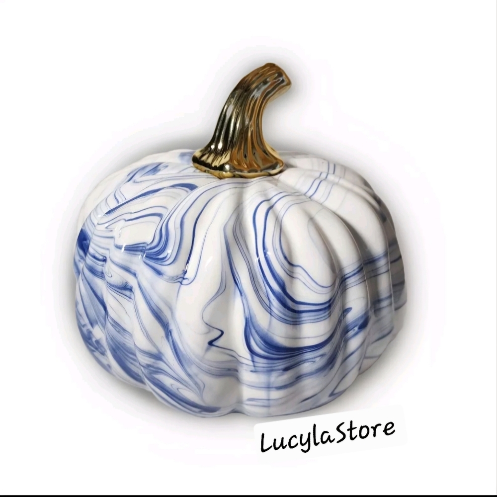 Two's Company Marbled Dolomite Blue and White Pumpkin with Gold Stem